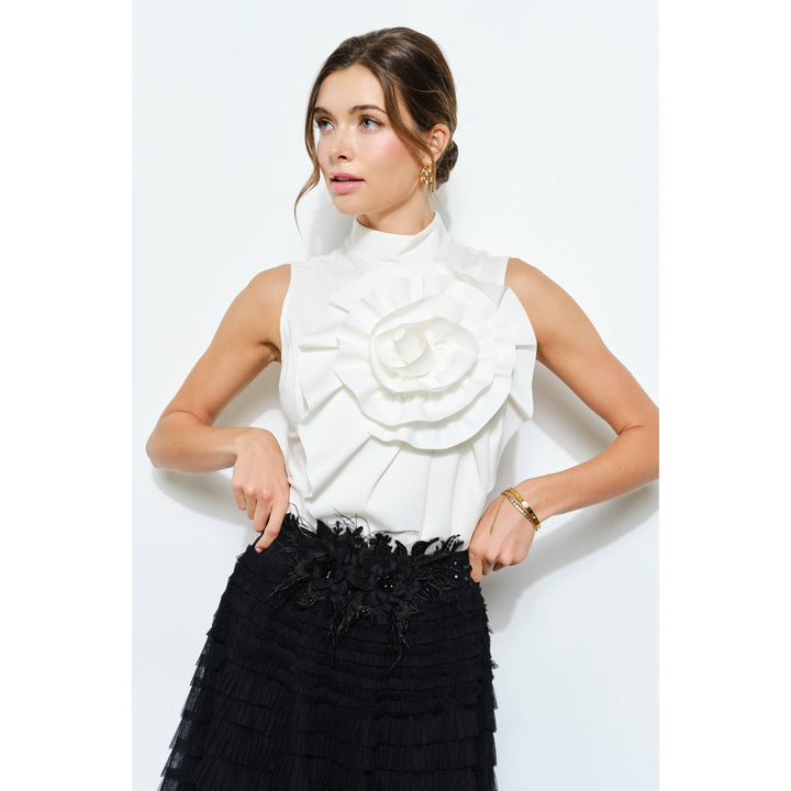 Floral Applique Pleated High-Neck Top