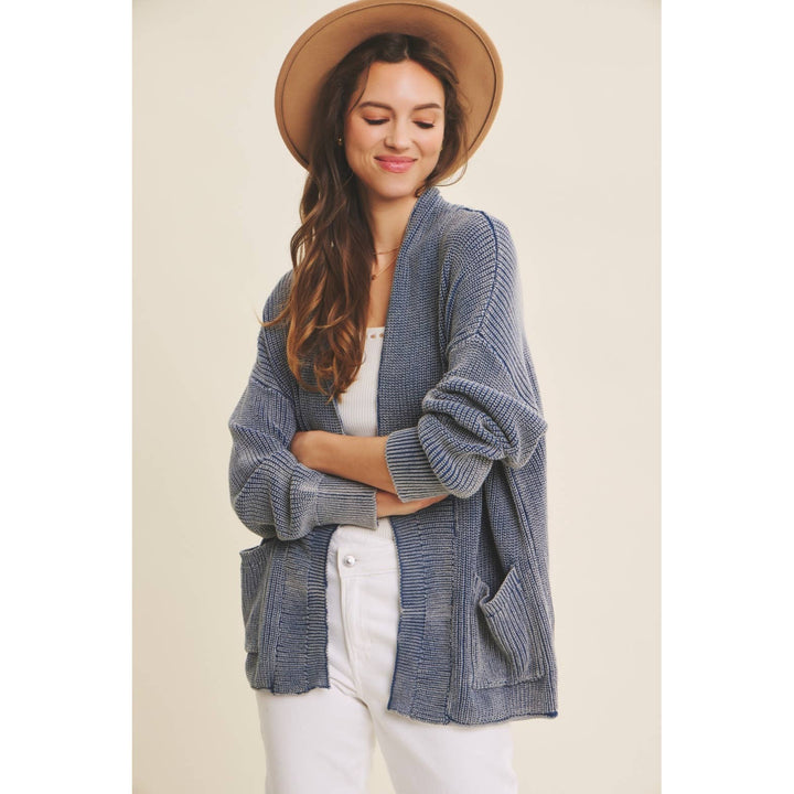 Mineral-Washed Open Front Cotton Sweater Cardigan