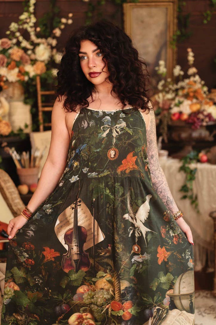 Labour of Love Bohéme Maxi Slip Dress w/ florals & violin