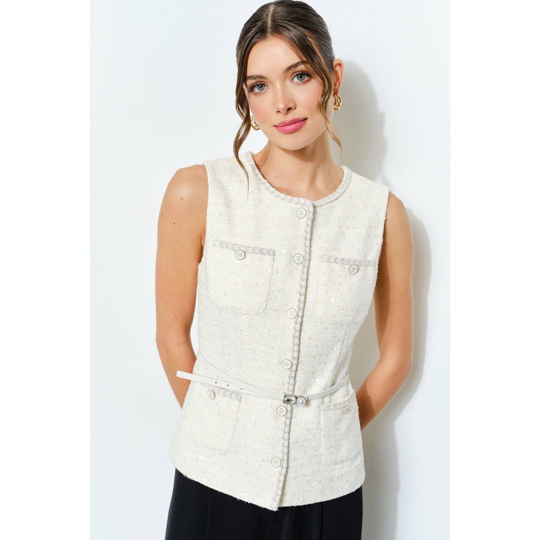Belted Sequin Tweed Sleeveless Top