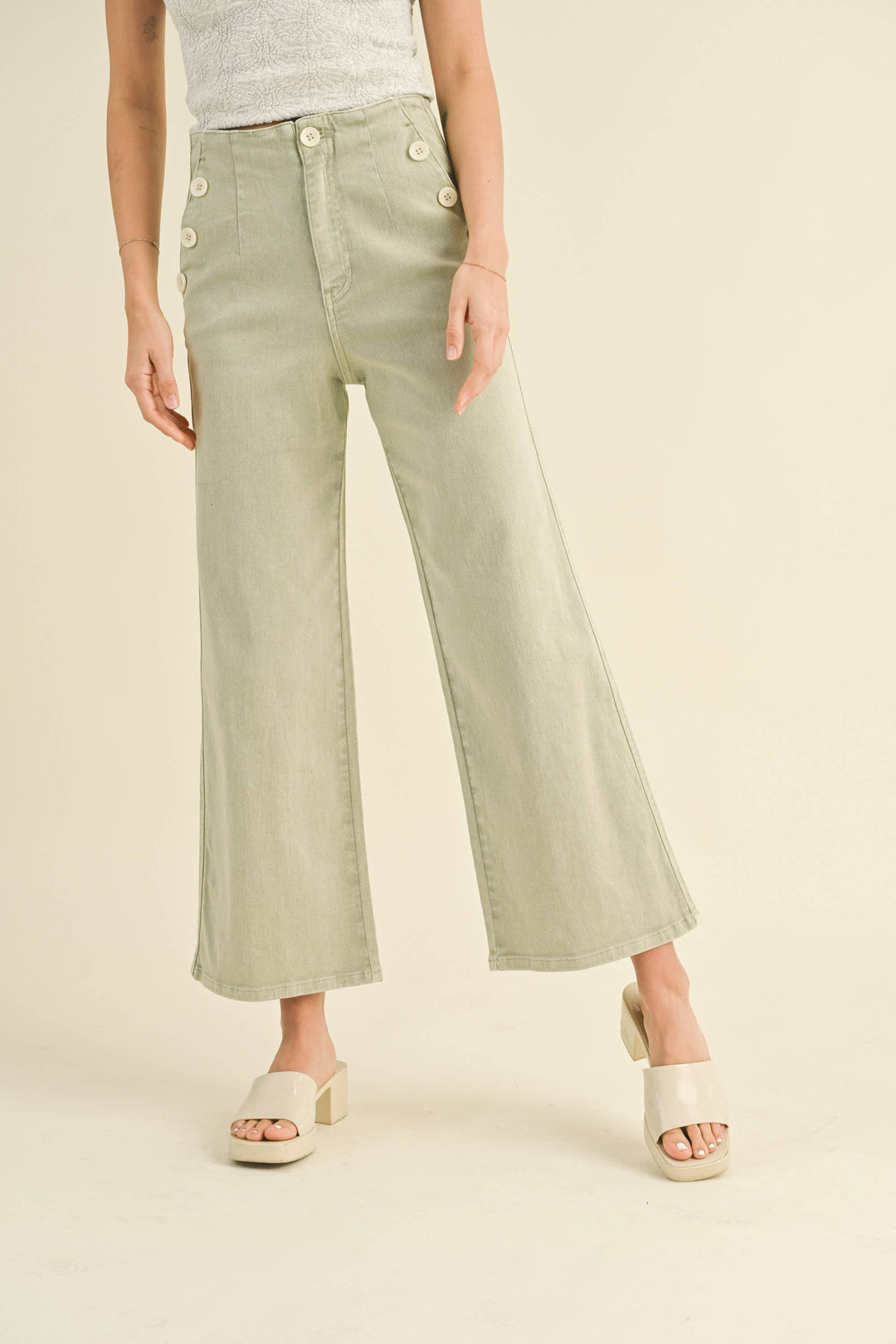 Washed Cotton Button Detailed Pants