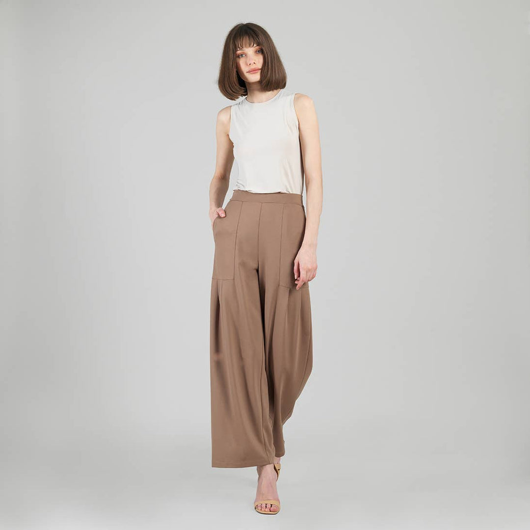 Rayon-Ponte Knit - Pleated Wide Leg Pocket Pant