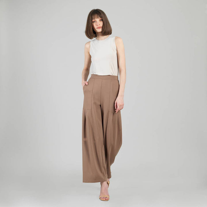 Rayon-Ponte Knit - Pleated Wide Leg Pocket Pant