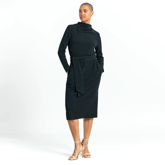 Ribbed Knit Sweater Dress with Belts and Pockets