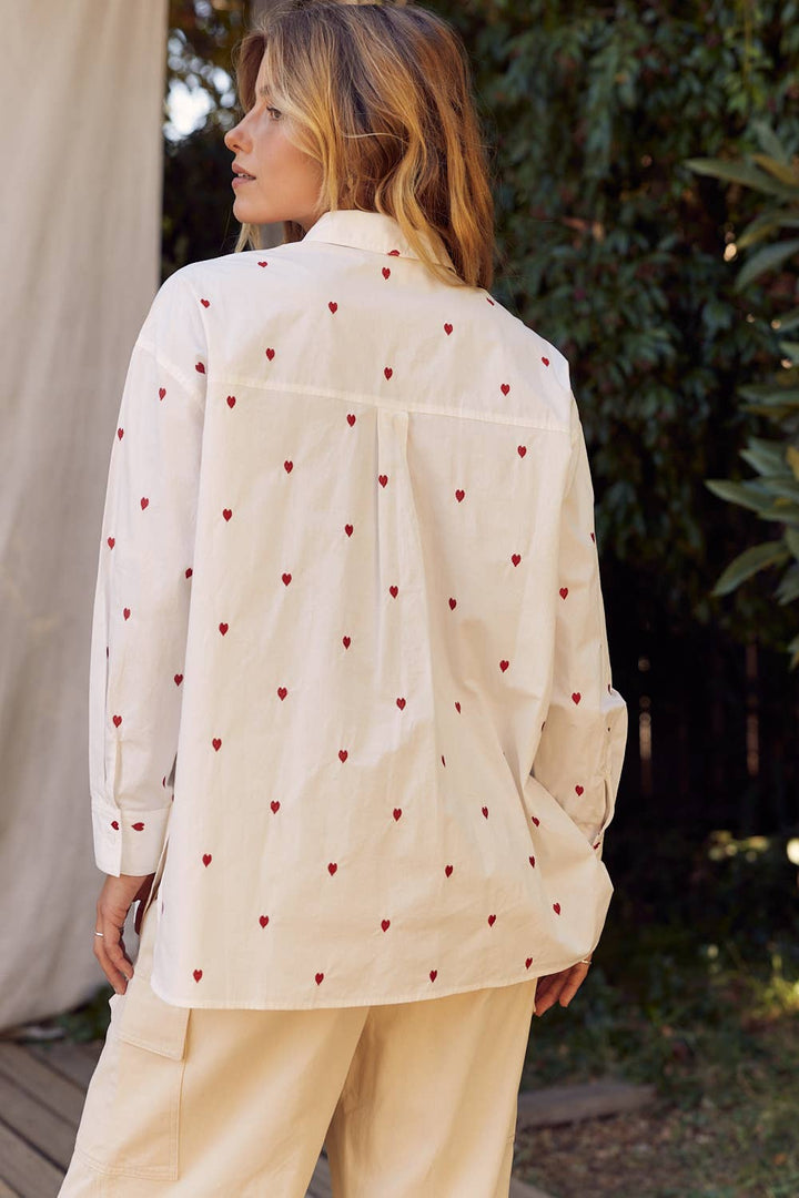 Full of Hearts Embroidery Button Down Long-Sleeved Shirt