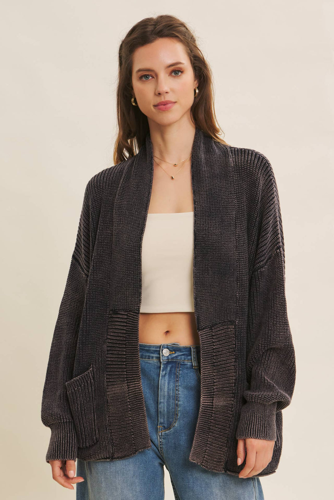 Mineral-Washed Open Front Cotton Sweater Cardigan