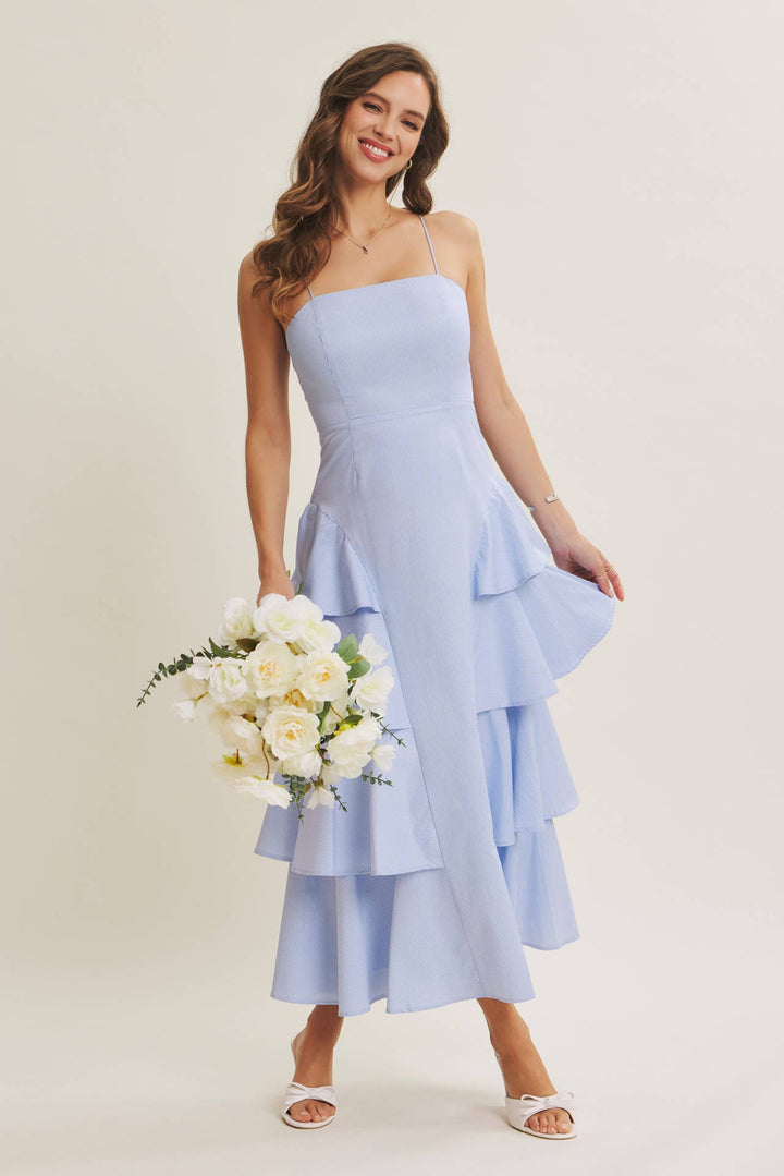 Clean Lines Meets Playful Side-Tiered Ruffle Maxi Dress