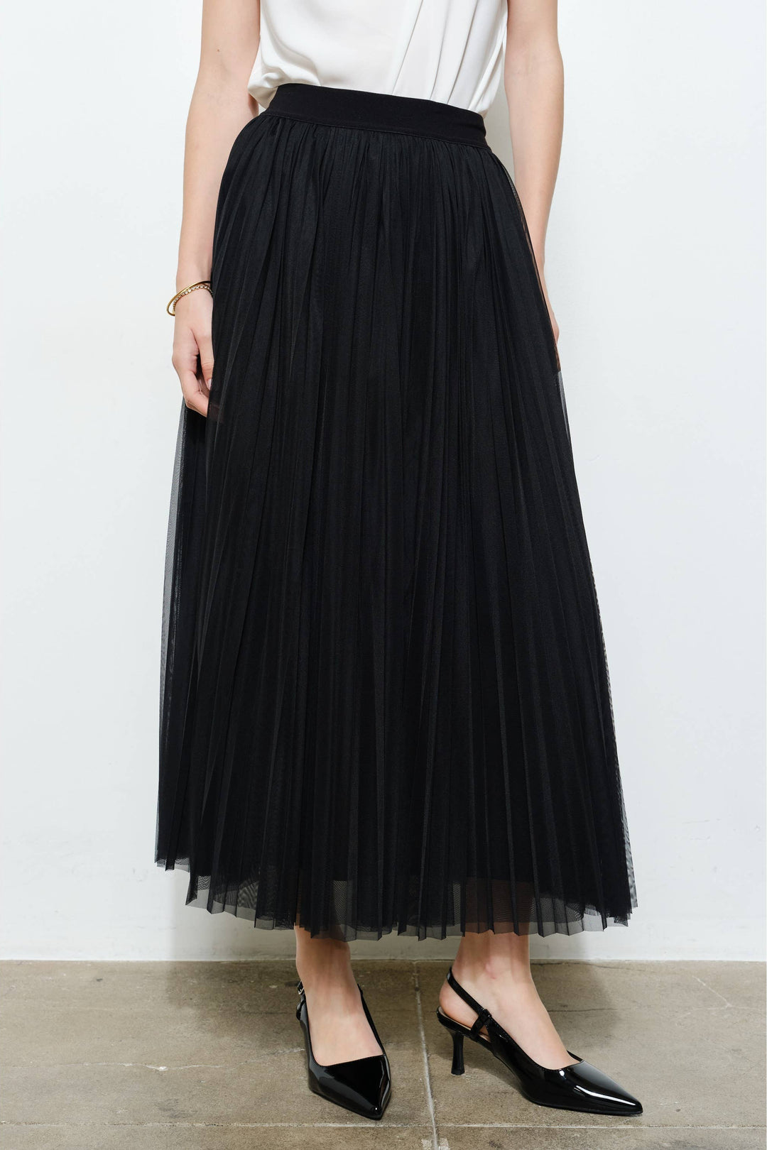 Chic Mesh Sheer Pleated Tulle Maxi Skirt