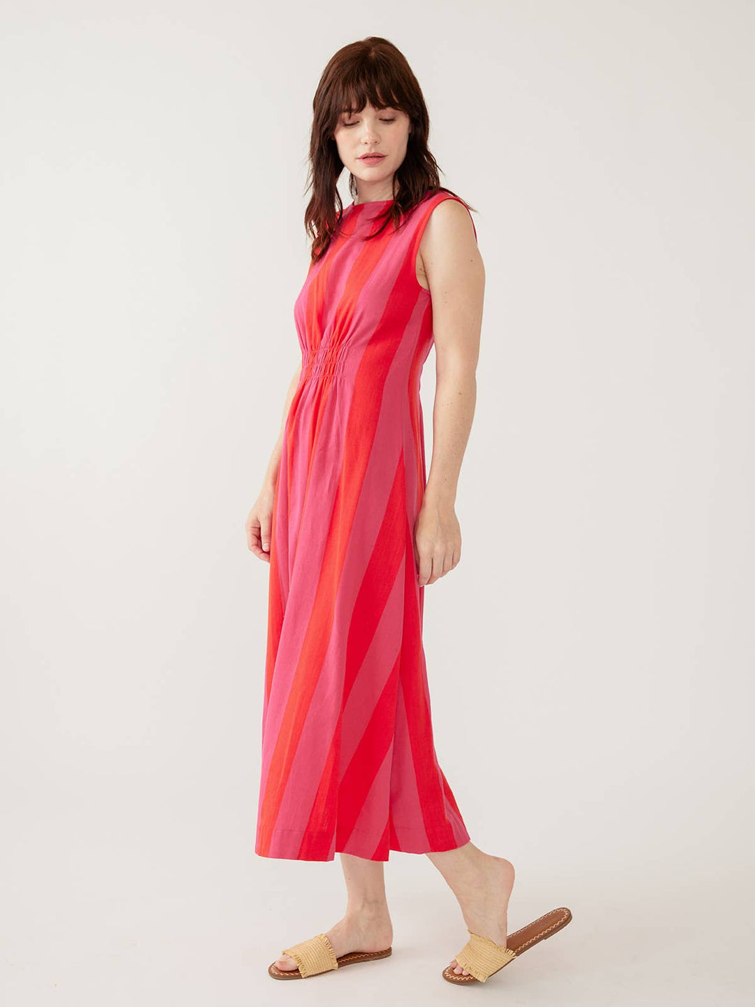 Artsy Traveler Sleeveless Midi Dress Pink Red Linen Cotton