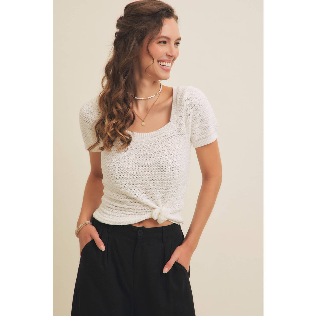 Square Neck Cotton Sweater with Special Weaving