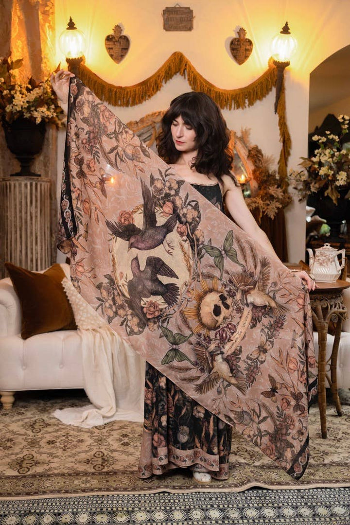 Momento Bohemian Scarf w/ Floral print, Starling & Skull