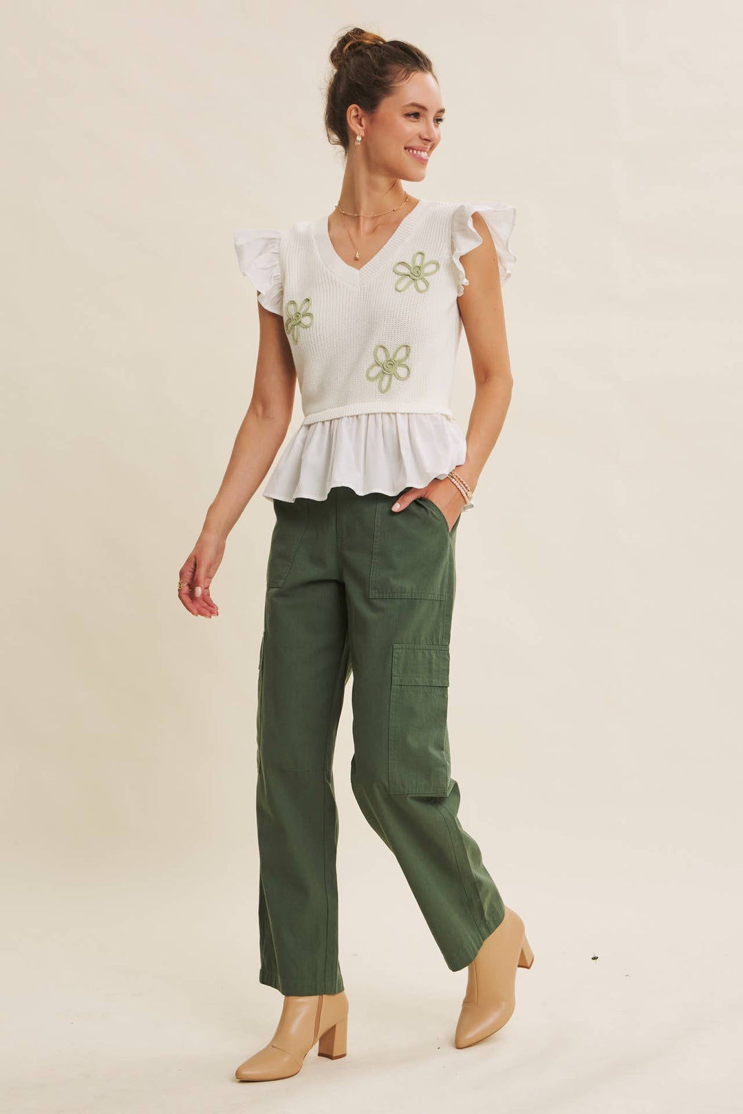 Easy to Love Embroidery Ruffle-Sleeve Mixed Sweater Top