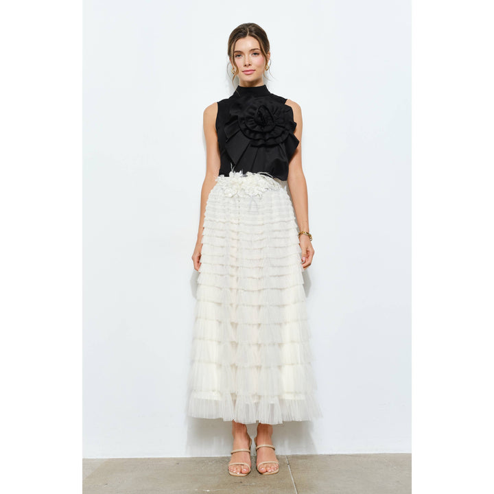 Floral Applique Pleated High-Neck Top