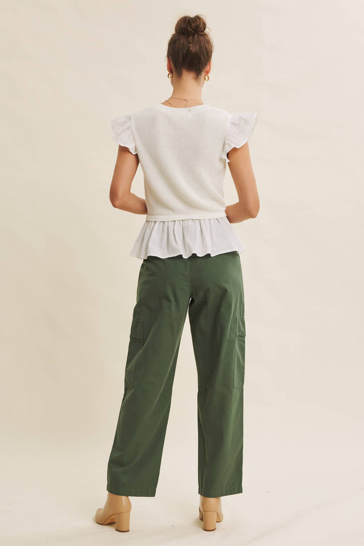 Easy to Love Embroidery Ruffle-Sleeve Mixed Sweater Top