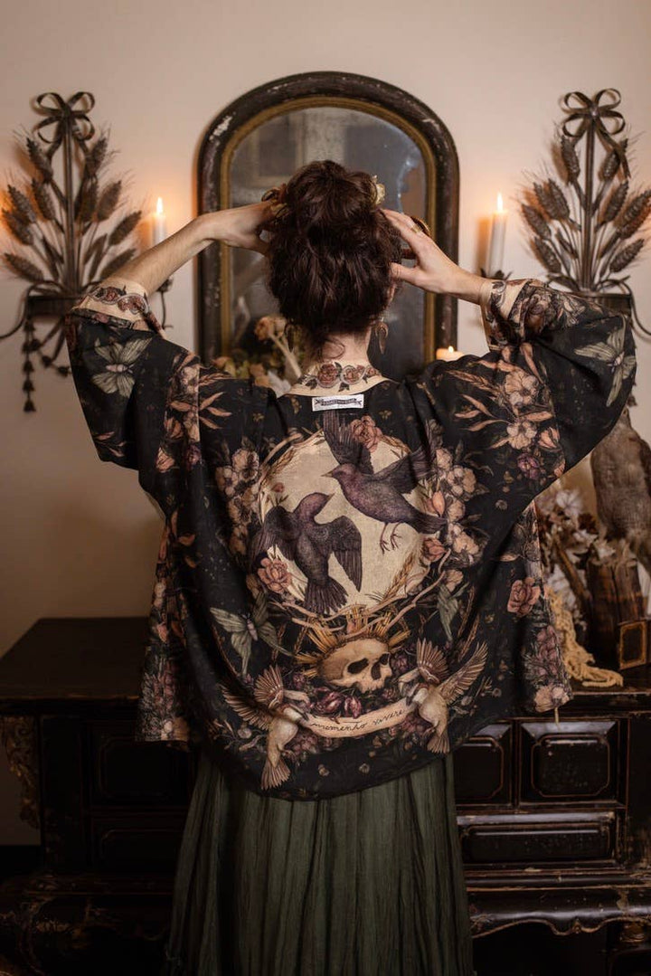 Momento Pixie Duster Crop Kimono w/ Floral, Starling & Skull