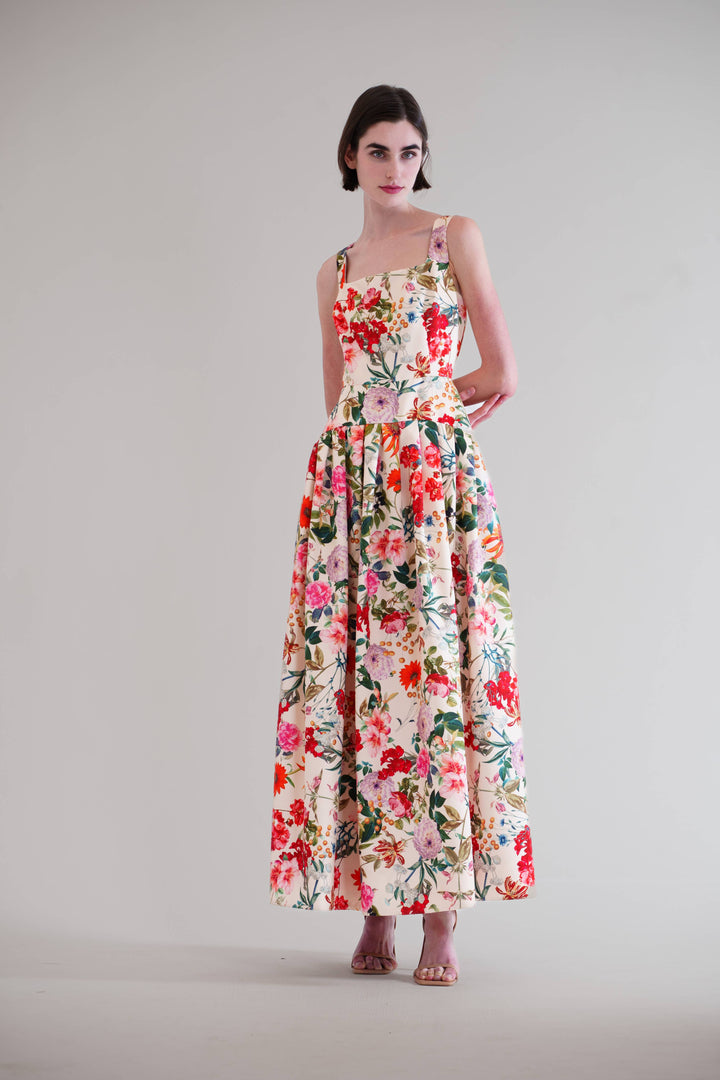 Square Neck Drop Waist W/Pleated Long Dress