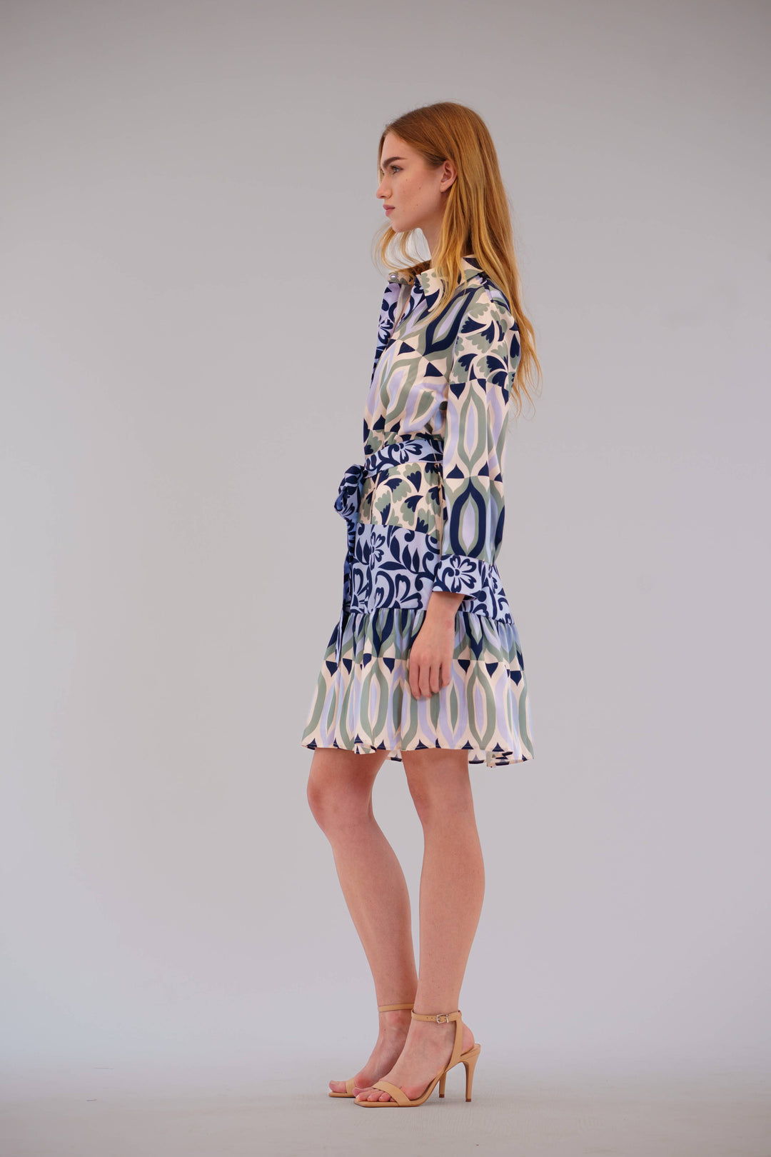 3/4 Sleeve Collared Shirt Dress W/Bottom Ruffle