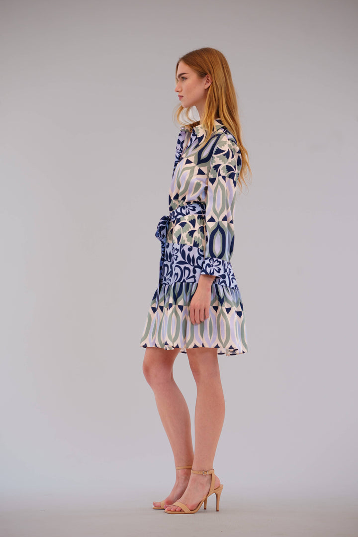 3/4 Sleeve Collared Shirt Dress W/Bottom Ruffle