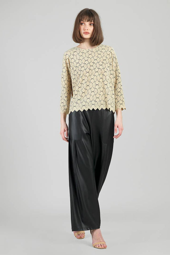 Fan Print Light Sweater Knit Relaxed Scoop Neck Top