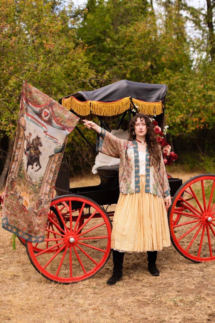 Love Revolution Pixie Crop Kimono w/ Sun, Horse & Florals
