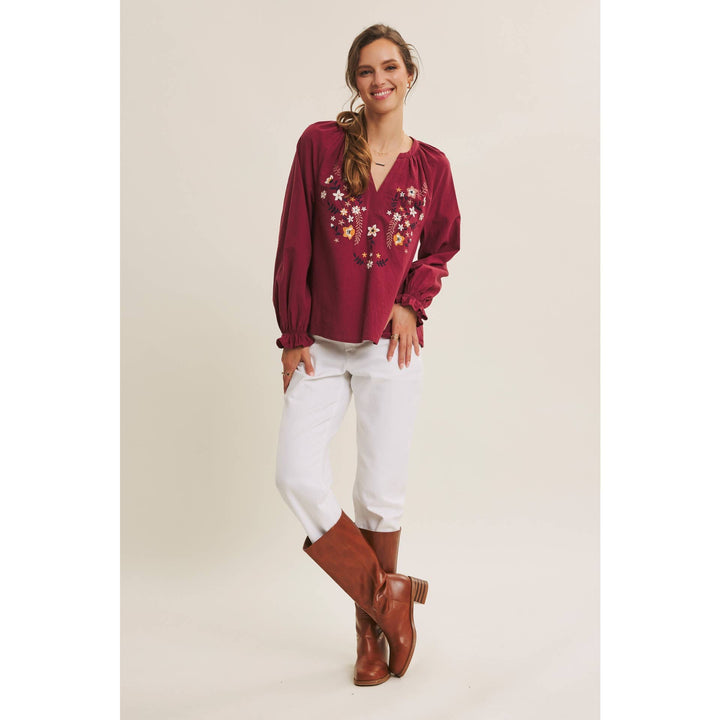 Warmth of Fall Bohemian Embroidered Flare Cotton Blouse Top