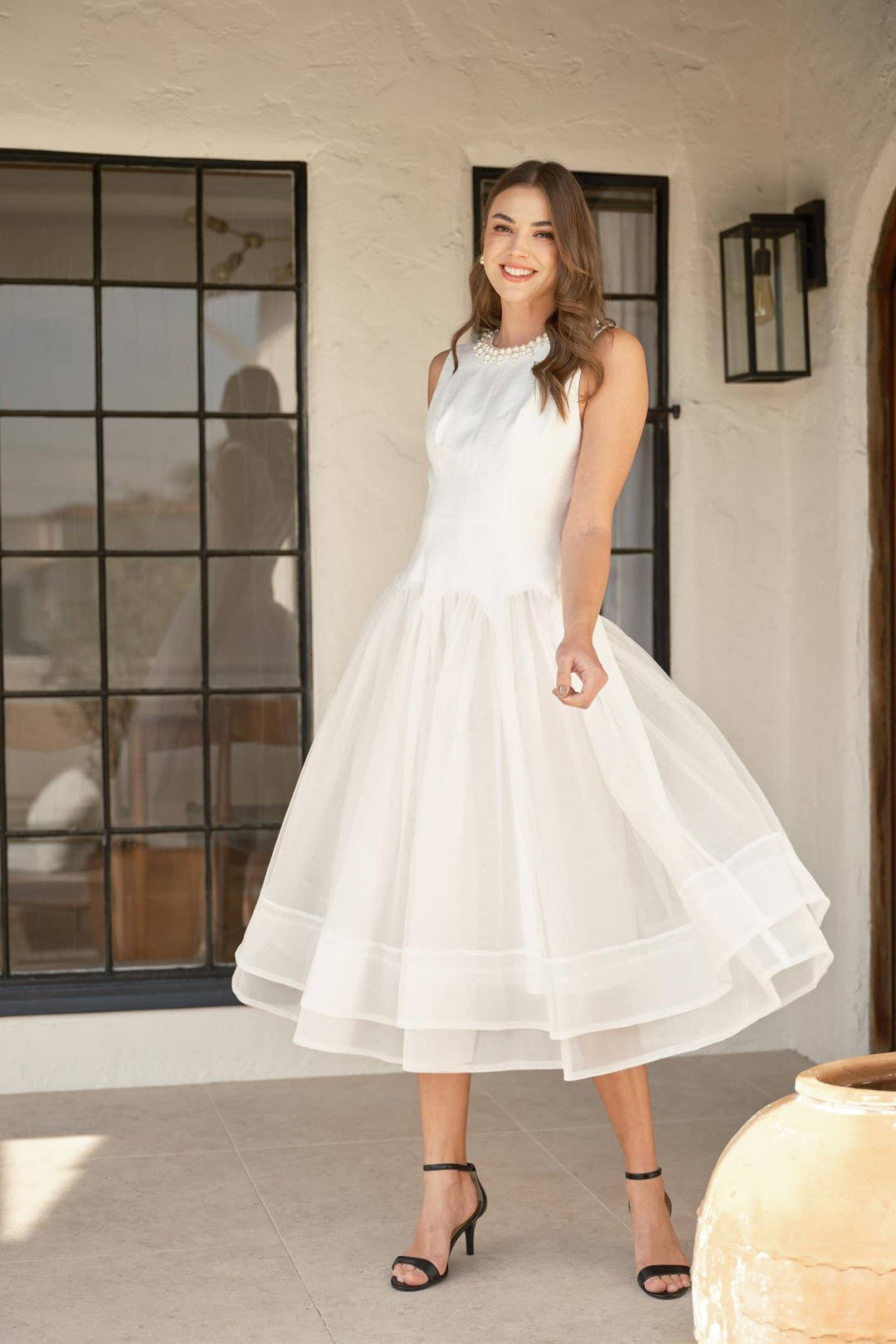 white sheer tulle dress Sheer Bridal Gown with Floral Embellishments JB42480