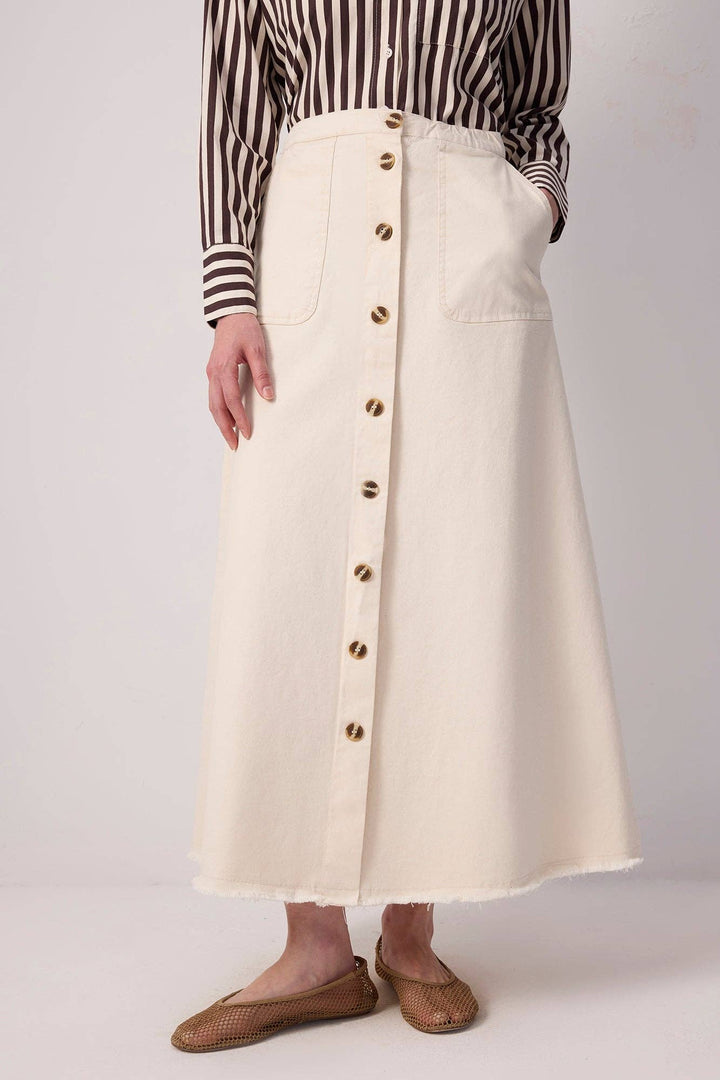 Front Button A-Line Denim Skirt with Utility Pockets