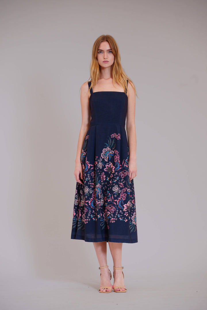Square Neck Midi Dress w/Box Pleated Skirt