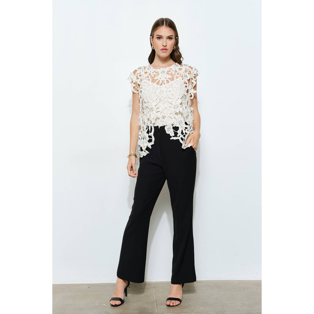 Pearl Rhinestone Embellished Lace Cutout Top