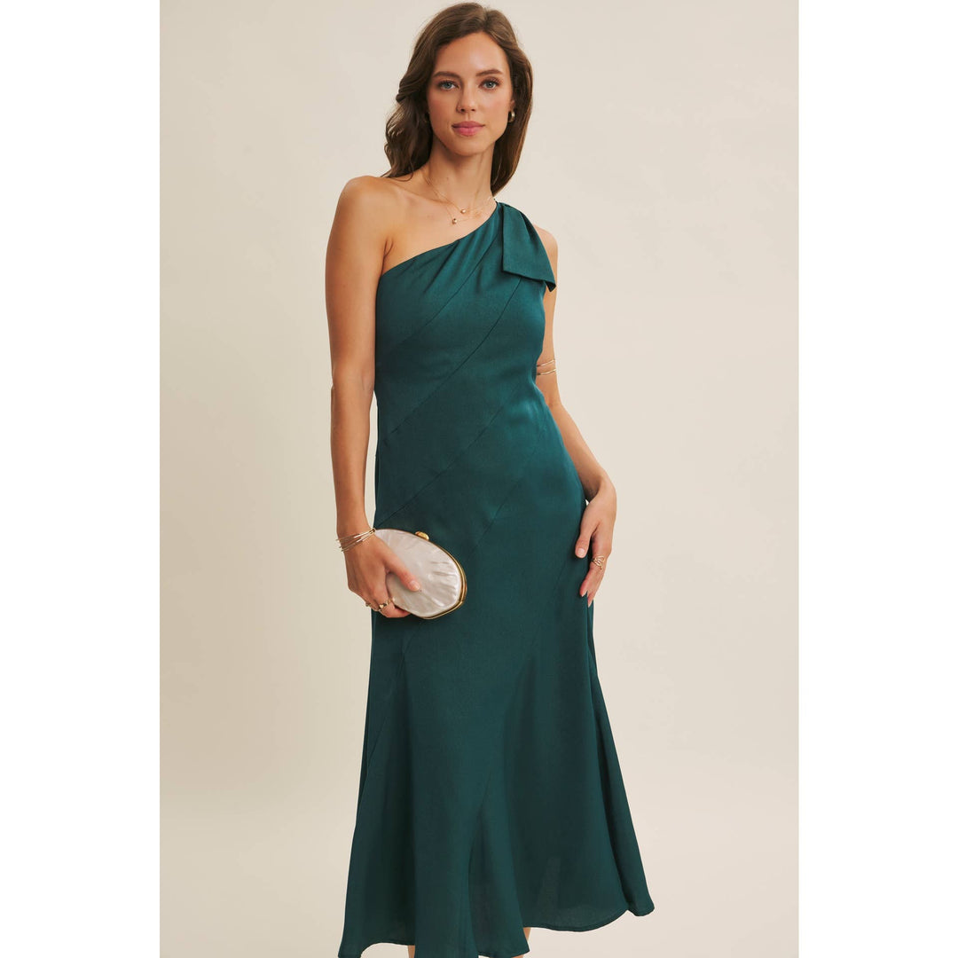 Holiday Glam One-Shoulder Midi Dress with Slanted Seamwork