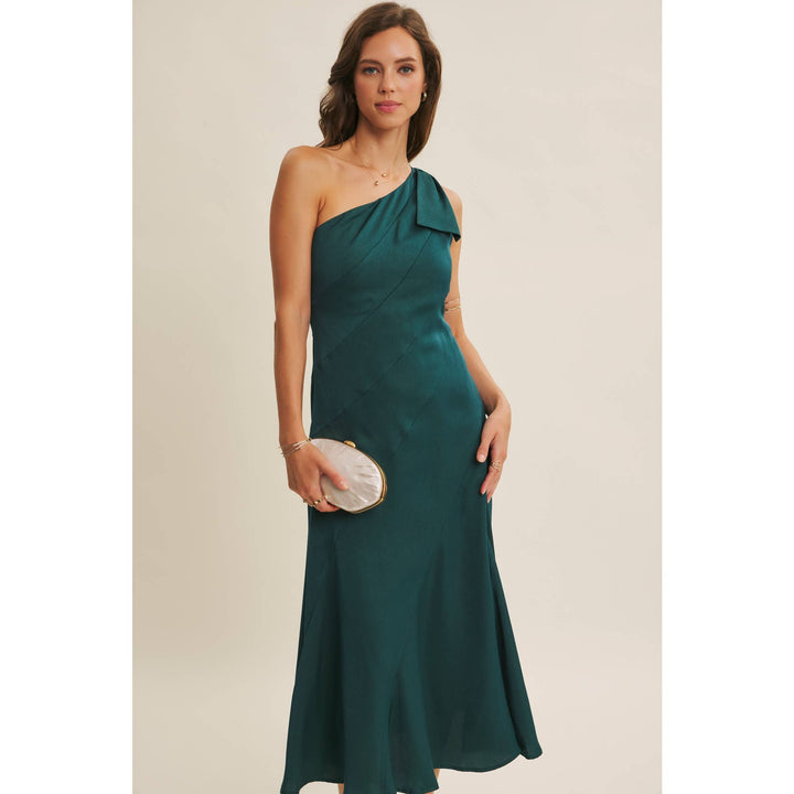Holiday Glam One-Shoulder Midi Dress with Slanted Seamwork