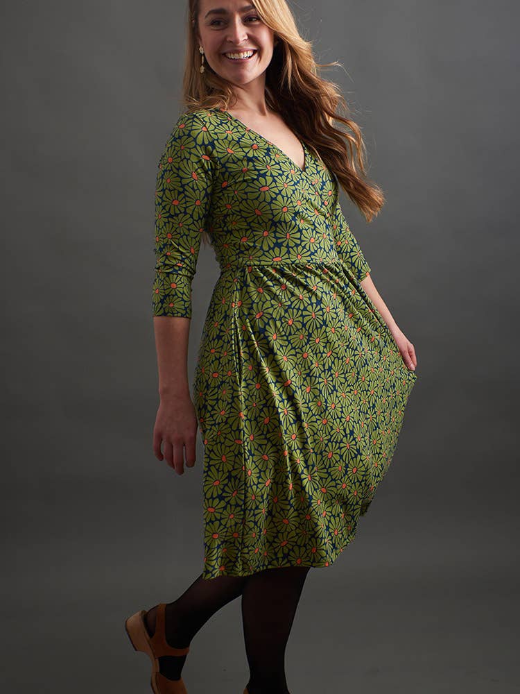 Callie Long Sleeve Wrap Dress Olive Floral