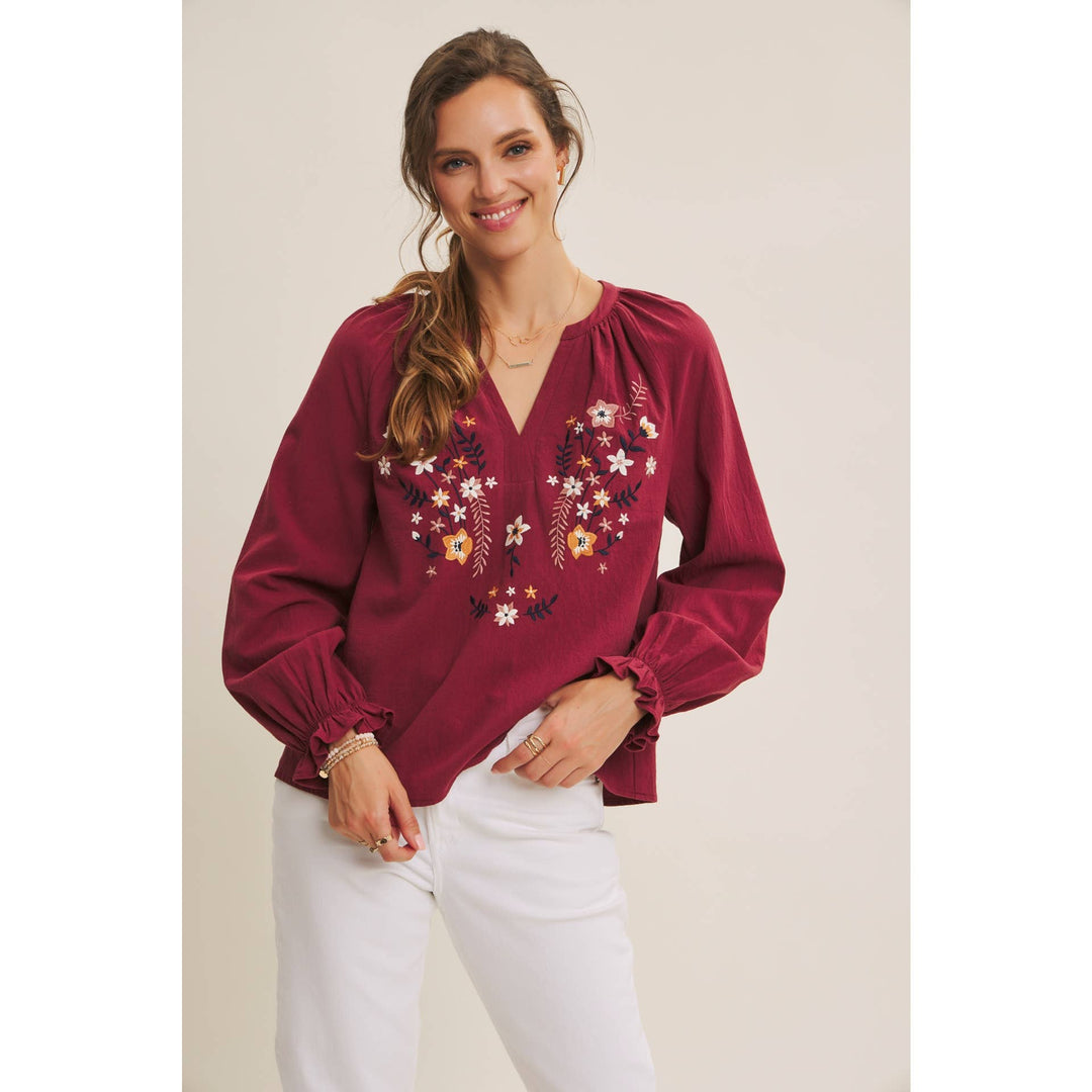 Warmth of Fall Bohemian Embroidered Flare Cotton Blouse Top