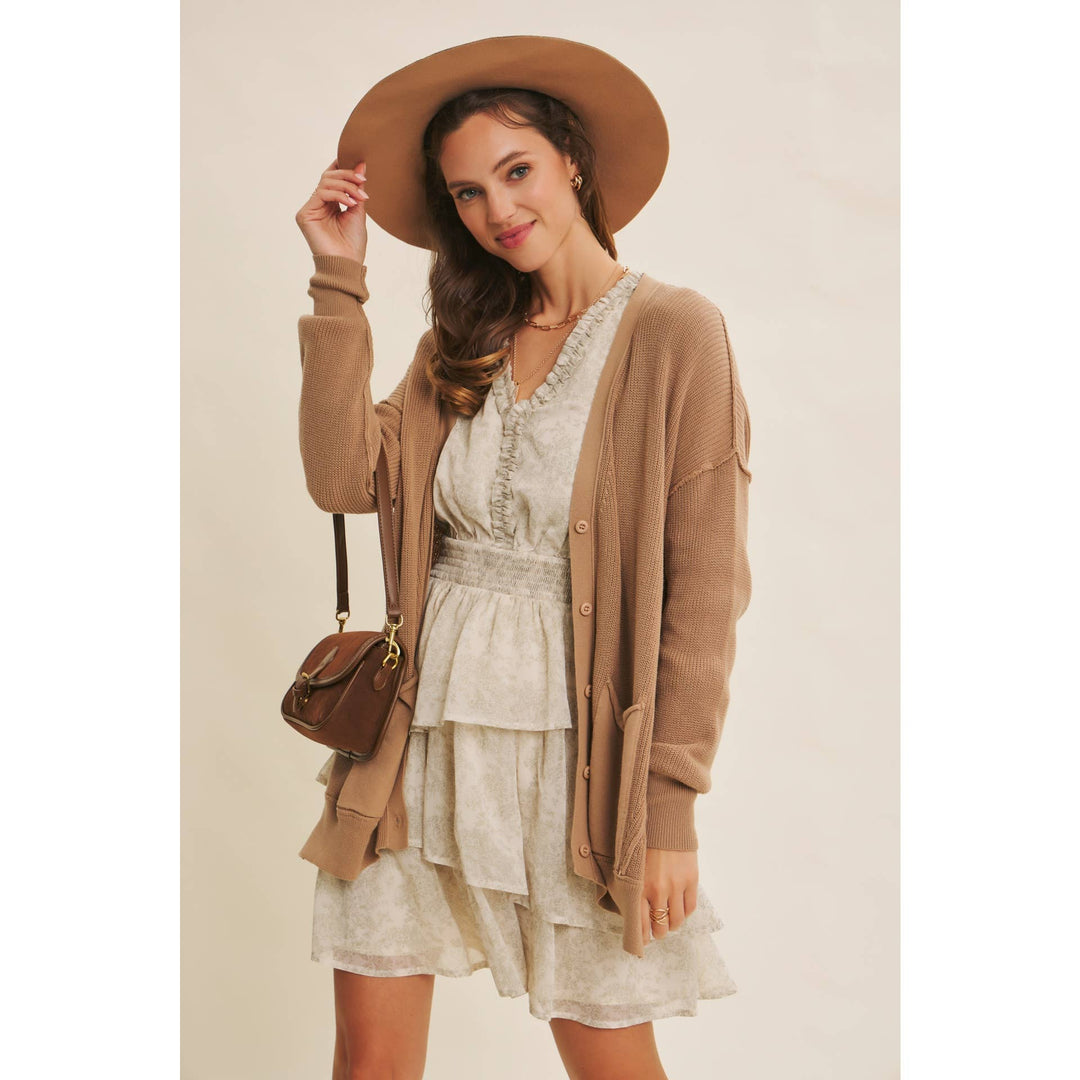 Slouchy Charm Button-Down Cardigan With Contrast Weave