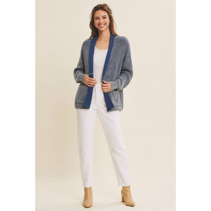 Mineral-Washed Open Front Cotton Sweater Cardigan