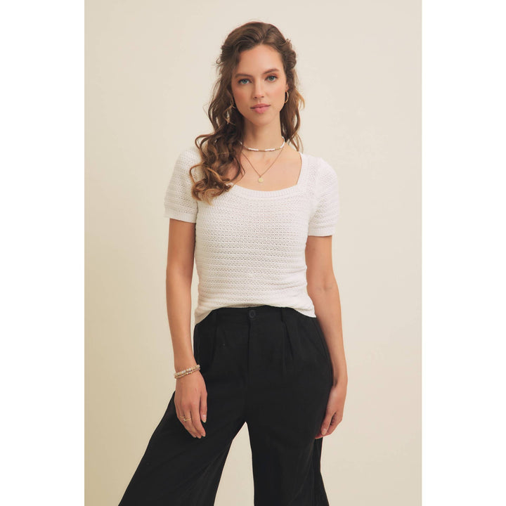 Square Neck Cotton Sweater with Special Weaving