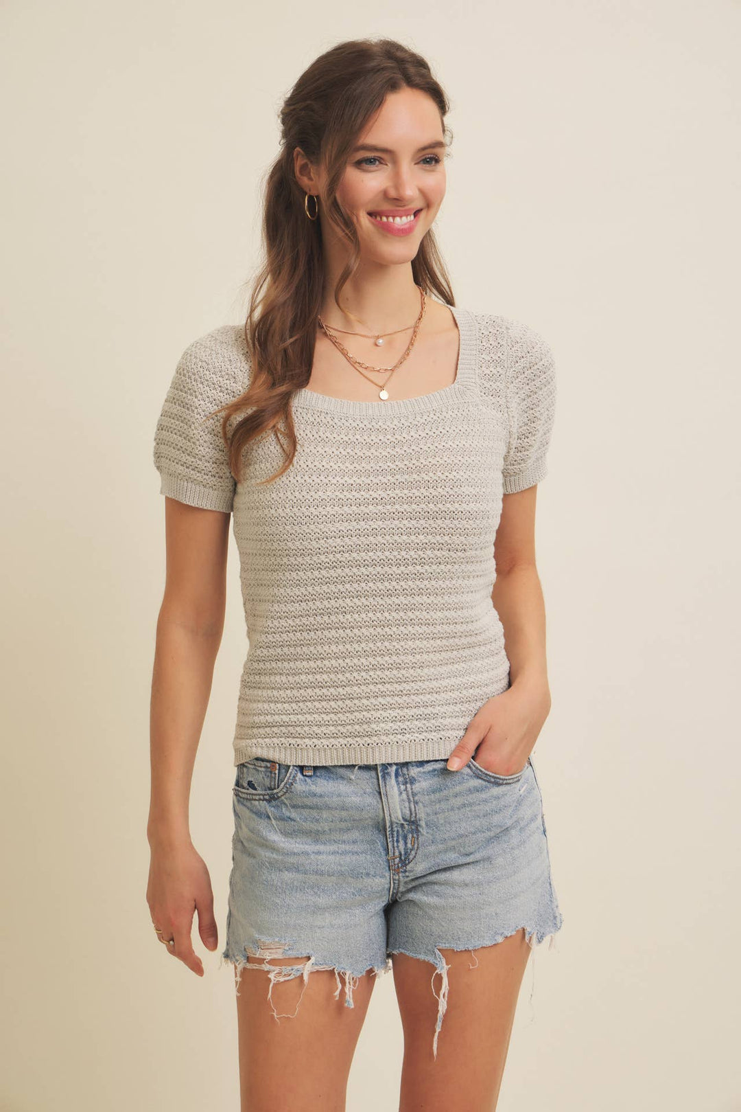 Square Neck Cotton Sweater with Special Weaving