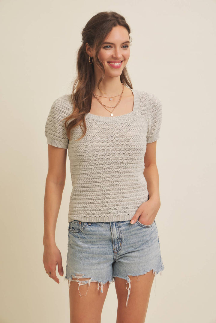 Square Neck Cotton Sweater with Special Weaving
