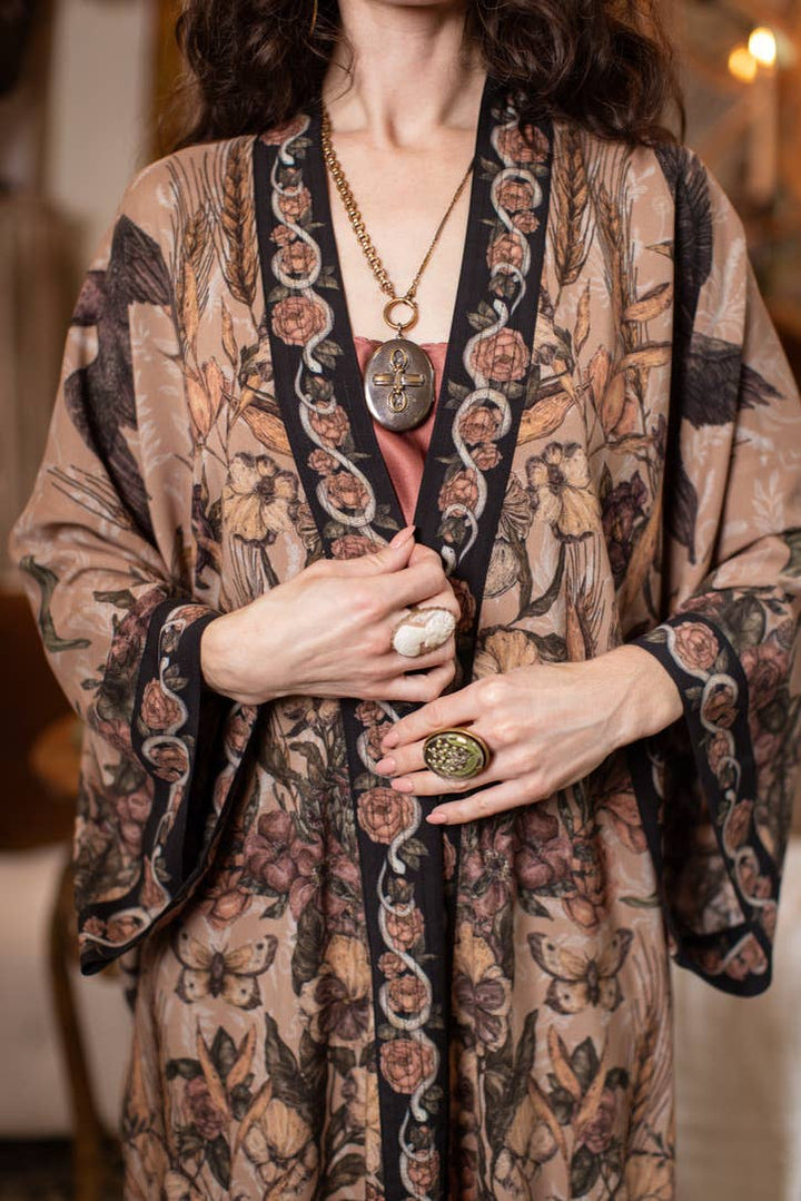 Momento Opera Duster Kimono Robe w/ Starling & Skull