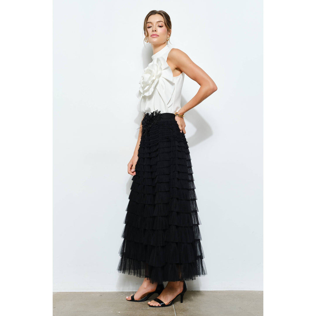 Floral Applique Pleated High-Neck Top