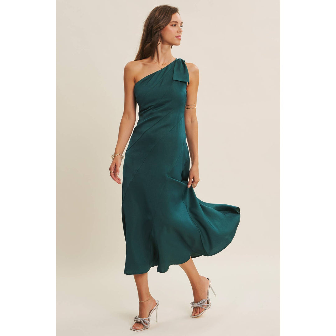 Holiday Glam One-Shoulder Midi Dress with Slanted Seamwork