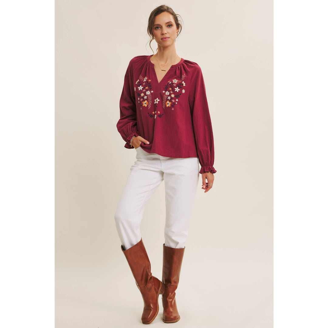 Warmth of Fall Bohemian Embroidered Flare Cotton Blouse Top