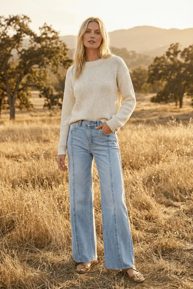 Front Hem Detailing Mid Rise Baggy Wide Leg Jean