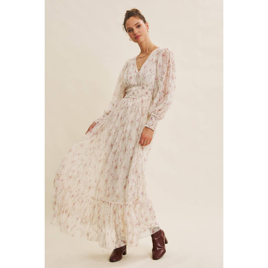 Dreamy Floral Mesh Maxi Dress With Smocked Waist