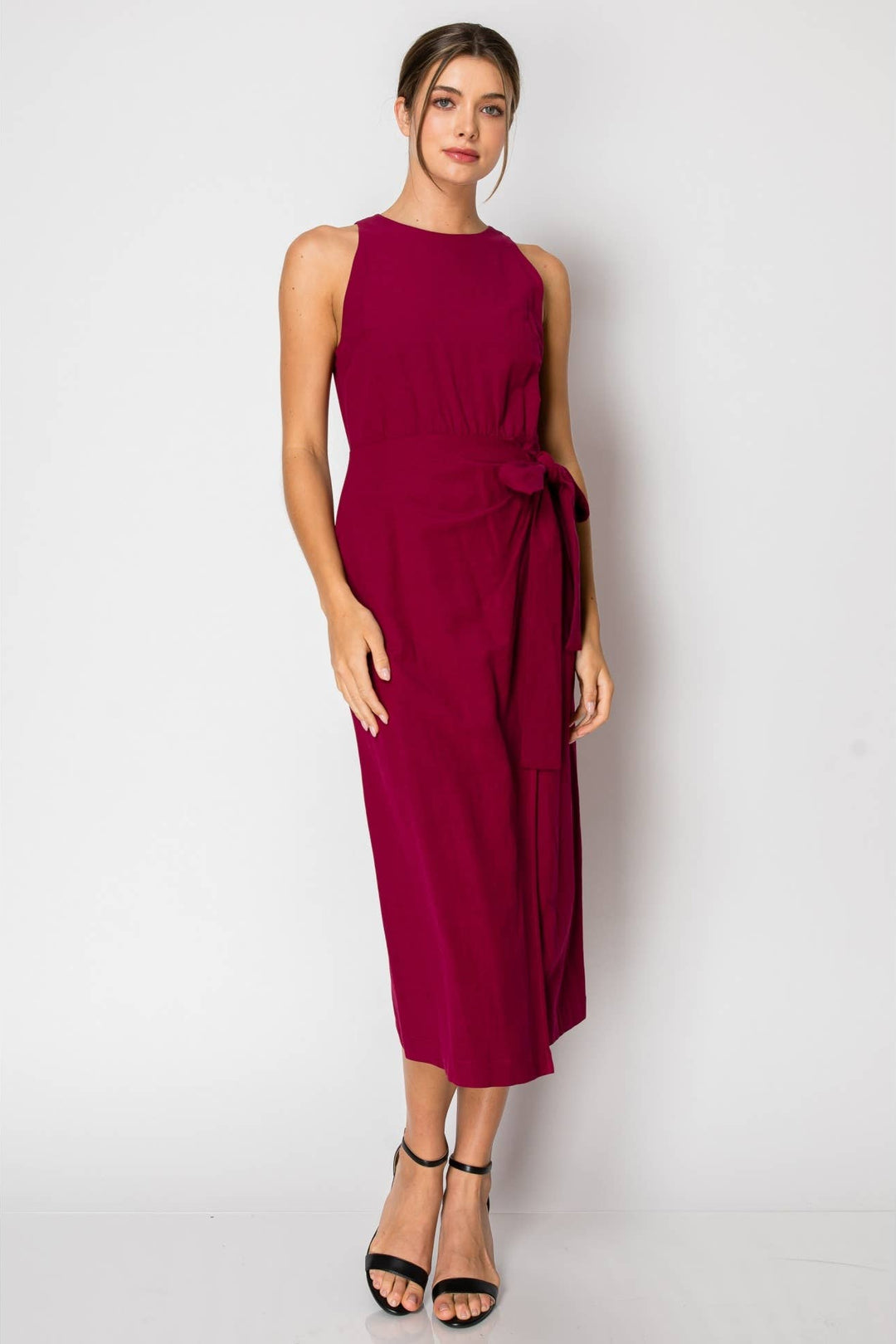 Sleeveless Round Neck Tie-Front Draped Midi Dress