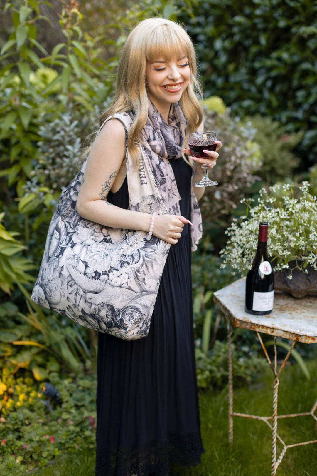 Peace Wine & Sunshine Floral Boho Linen Tote Bag, Blush