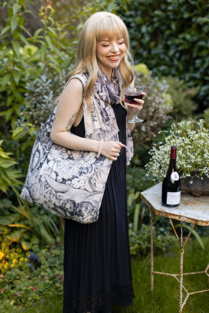 Peace Wine & Sunshine Floral Boho Linen Tote Bag, Blush