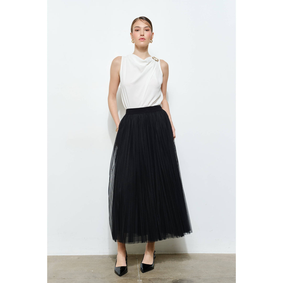 Chic Mesh Sheer Pleated Tulle Maxi Skirt