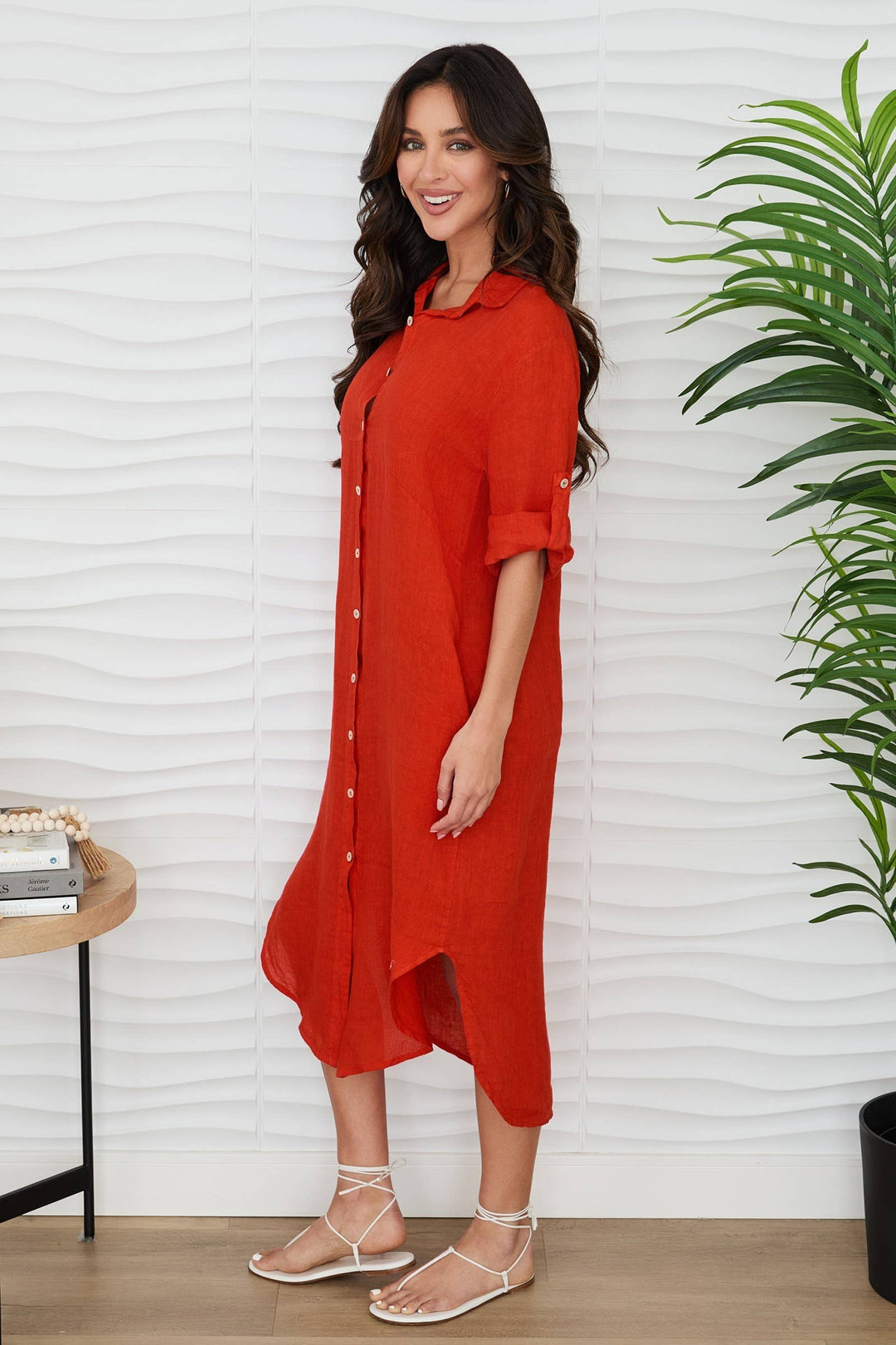 Solid Midi-Length Linen Dress