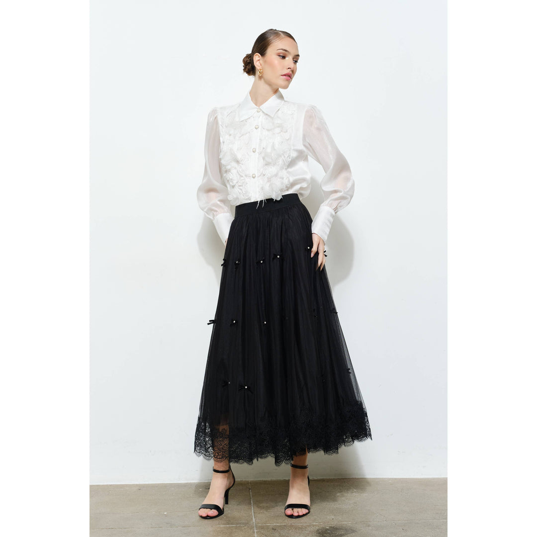 Elegant 3D Floral Organza Long Sleeve Blouse